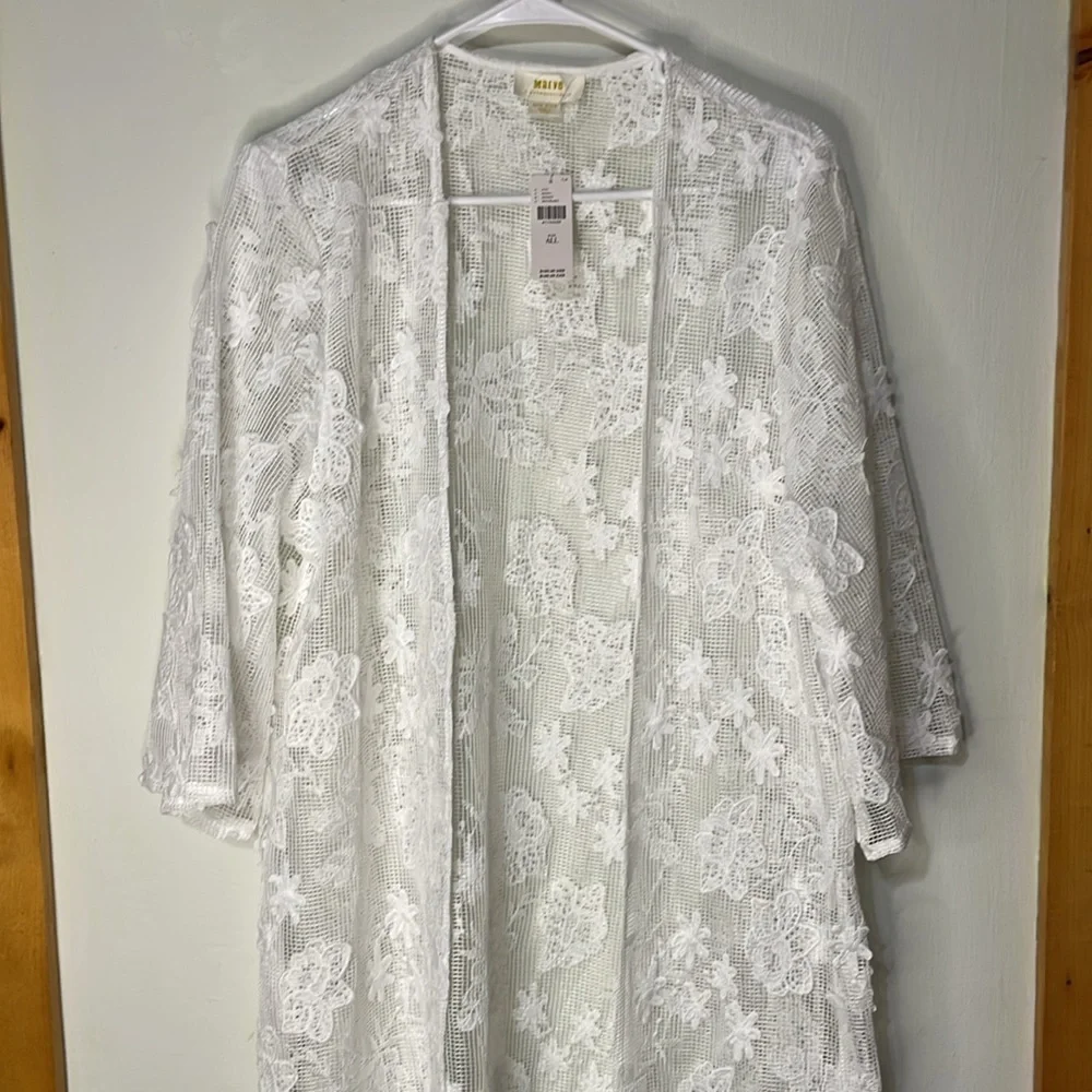 Anthropologie White Floral Lace Open-Front Swim Coverup
